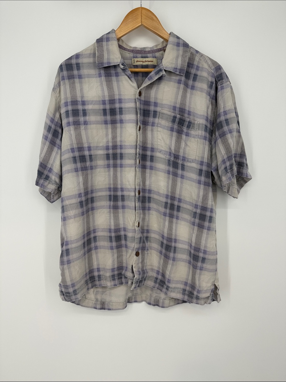 Tommy Bahama Cream and Blue Plaid Short-Sleeve Button-Down Shirt
